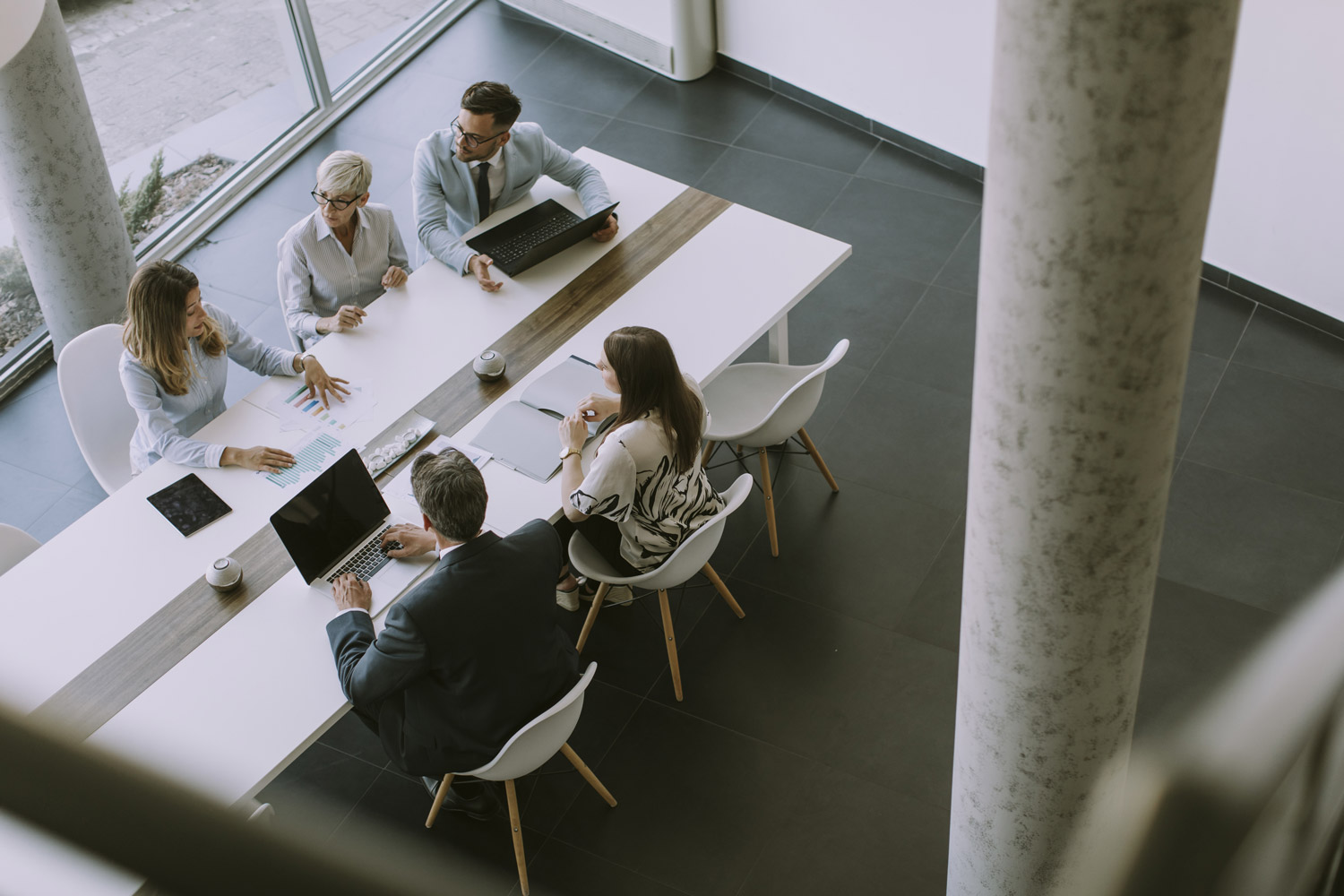 Aerial shot of people working together